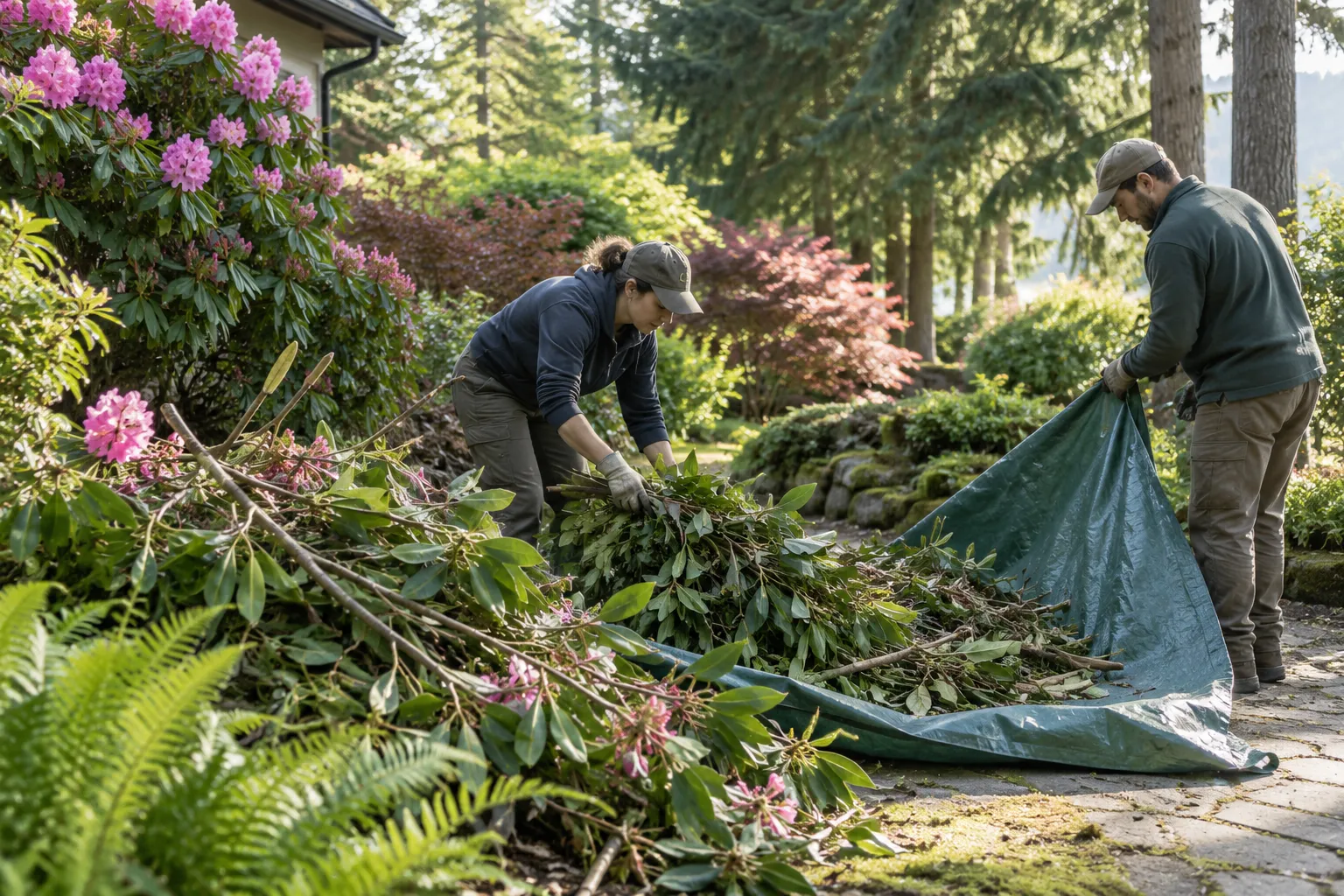 Workers gathering branches and shrub cuttings on a tarp